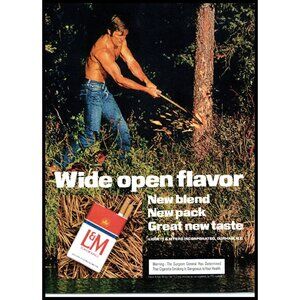 1974 L&M Cigarettes Vintage Print Ad Shirtless Man Chopping Tree Axe Wall Art